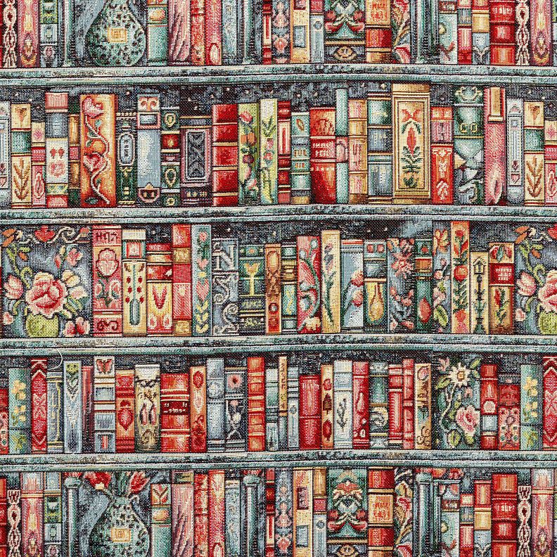 Tecido para decora&ccedil;&atilde;o Gobelina estante de livros colorida &ndash; pinheiro azul/carmin,  image number 1