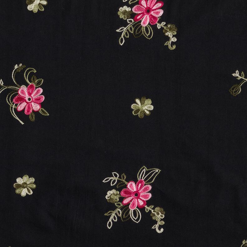 Popelina de algodão Bordado Ramos de flores – preto/baga,  image number 1