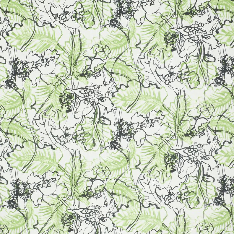 Mistura de seda e algodão Flores abstratas – marfim/verde folhas de maio,  image number 1