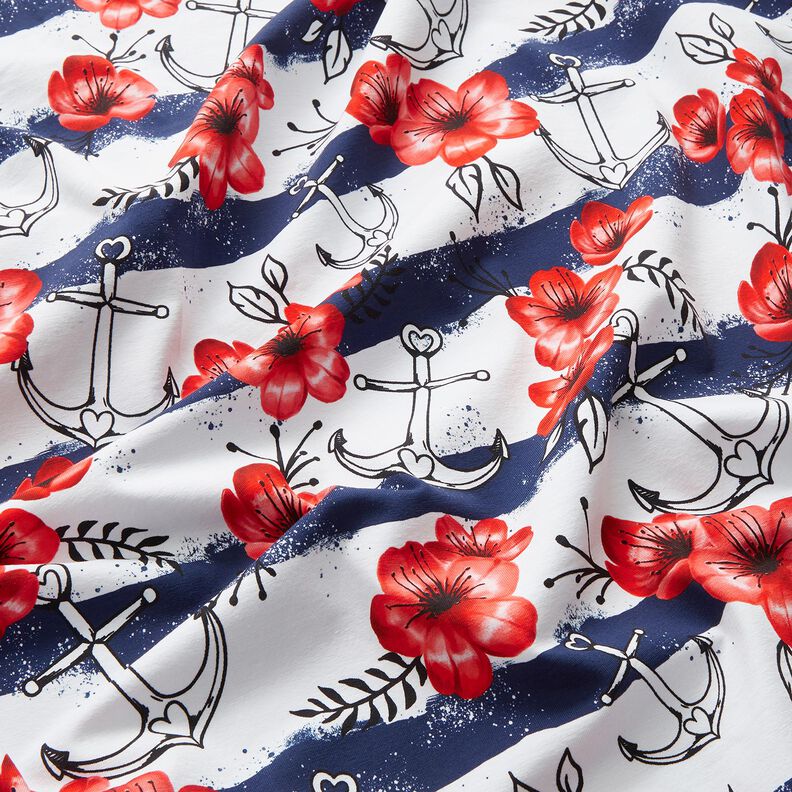 Jersey de algodão Flores e âncoras Riscas | Glitzerpüppi – branco/cor de malagueta,  image number 2