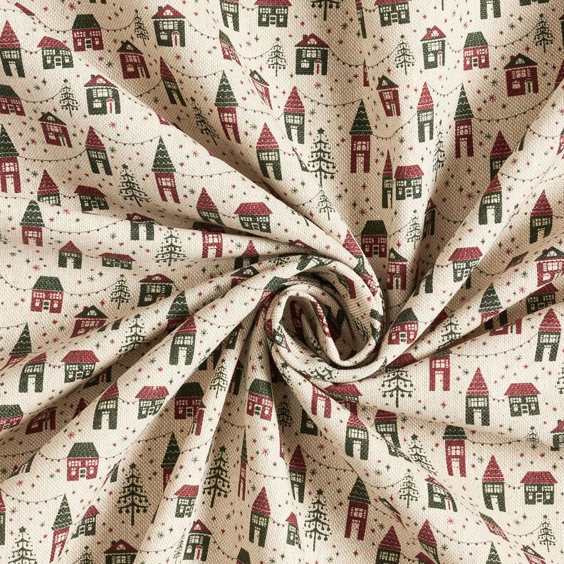 Tecido para decoração Meio linho Panamá Aldeia de inverno – natural/pinheiro escuro,  image number 3