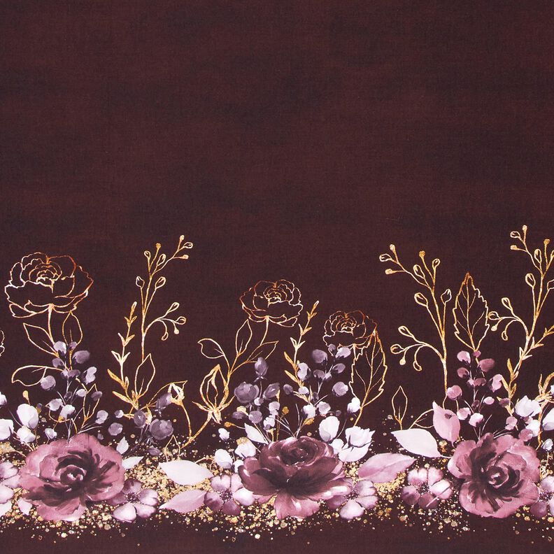 Jersey de algod&atilde;o Tecido com orla Flores com brilho dourado | Glitzerp&uuml;ppi &ndash; bord&ocirc;/vermelho violeta,  image number 1