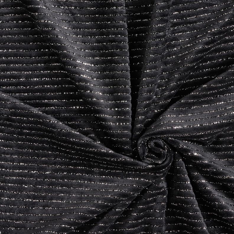 Tecido aveludado Nicki Riscas brilho – preto/prata metálica,  image number 3