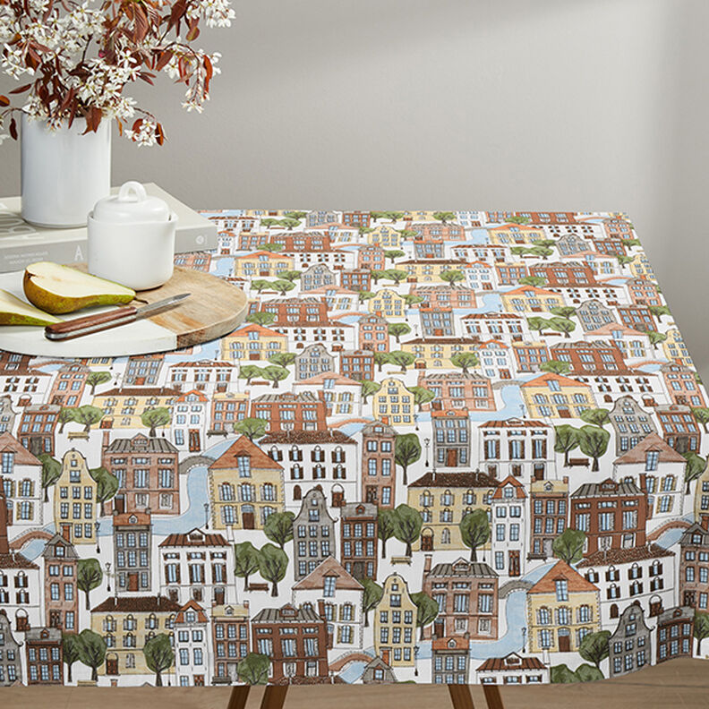 Tecido para decoração Meio linho Panamá Pequena cidade – branco sujo/oliva,  image number 6