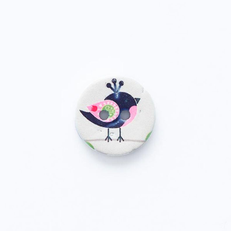 Botão com desenho de pássaro, 2 furos [ Ø 15 mm ] – branco sujo/preto,  image number 1