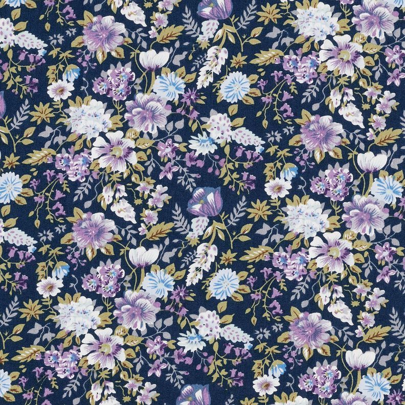 Popelina de algodão Prado de flores românticas – azul-marinho/lavanda,  image number 1