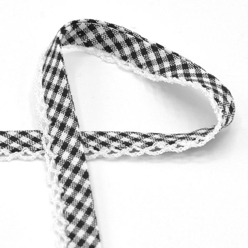 Fita de viés Xadrez Vichy com rebordo em croché [20 mm] – preto,  image number 1