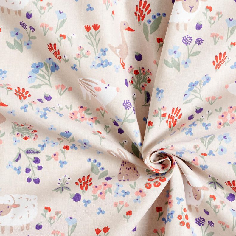 Popelina de algodão Animais no prado de flores – natural/vermelho-fogo,  image number 3