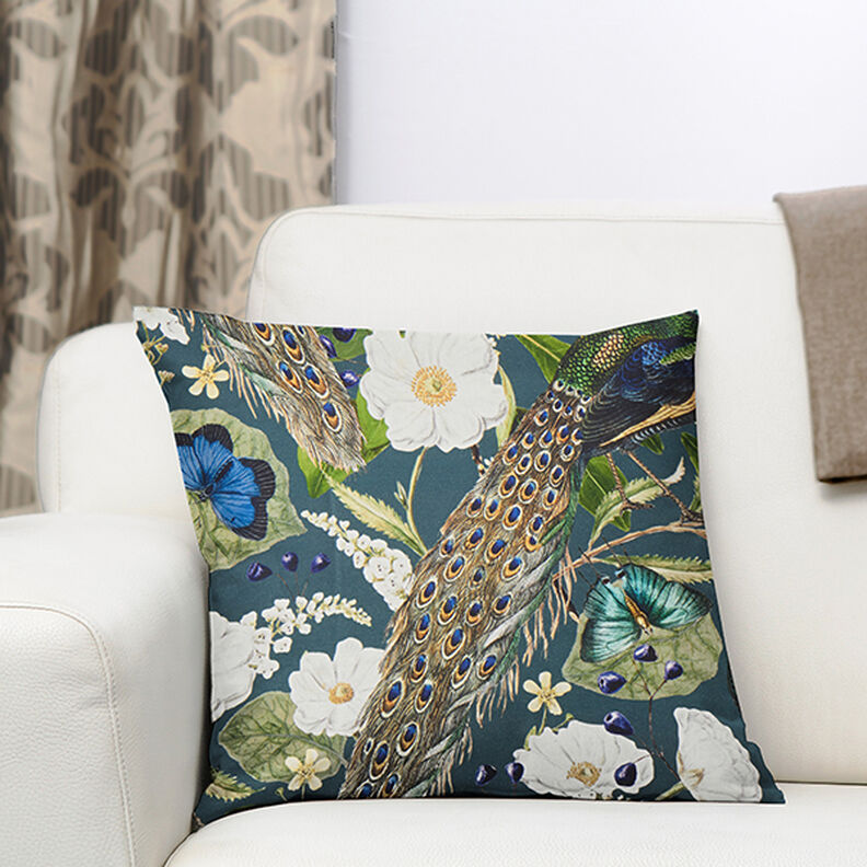 Tecido para decoração Meio linho Panamá Impressão digital Pavão – verde escuro,  image number 6