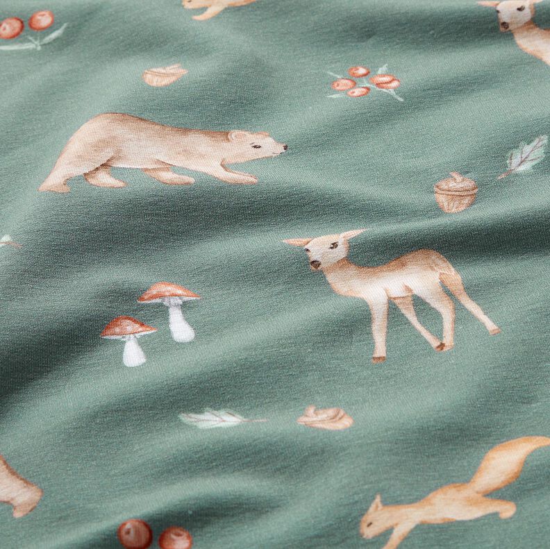 GOTS French Terry Sweat de verão Urso, veado, esquilo Impressão Digital – verde escuro,  image number 2