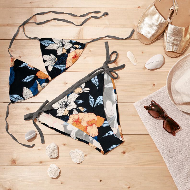 Tecido para fatos de banho Grandes flores de hibisco – preto azulado/damasco,  image number 7