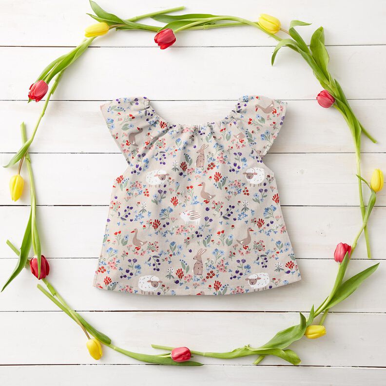 Popelina de algodão Animais no prado de flores – natural/vermelho-fogo,  image number 7