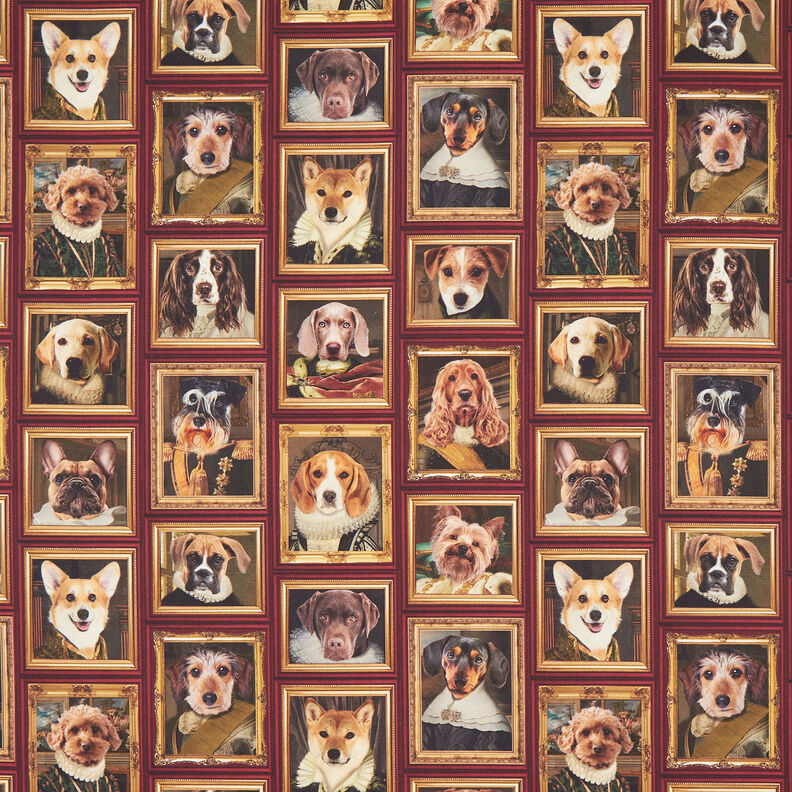 Tecido para decoração Meio linho Panamá Retratos de cães – carmin/dourado,  image number 1