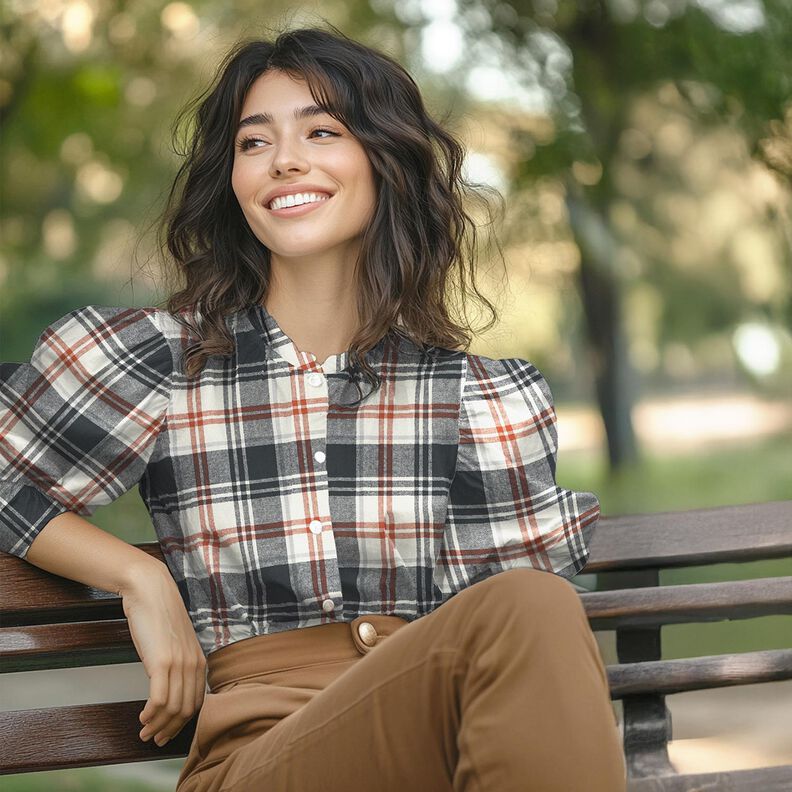 Flanela de algodão Xadrez com padrão espinha de peixe – preto azulado/creme,  image number 5