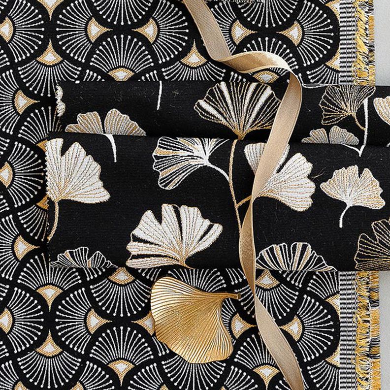 Tecido para decoração Jacquard Pequenos leques – preto/dourado,  image number 6