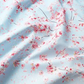 Tecido para decoração Meio linho Panamá Ramos de flor de cerejeira – azul claro/rosa, 