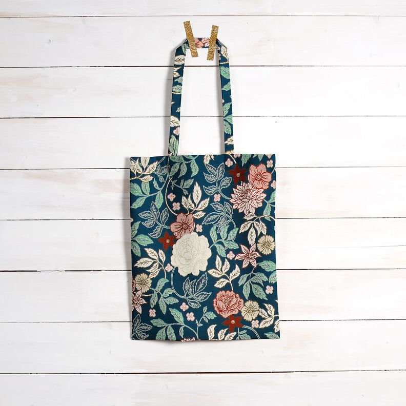 Tecido para decoração Jacquard Flores vintage – azul petróleo/vermelho escuro,  image number 7