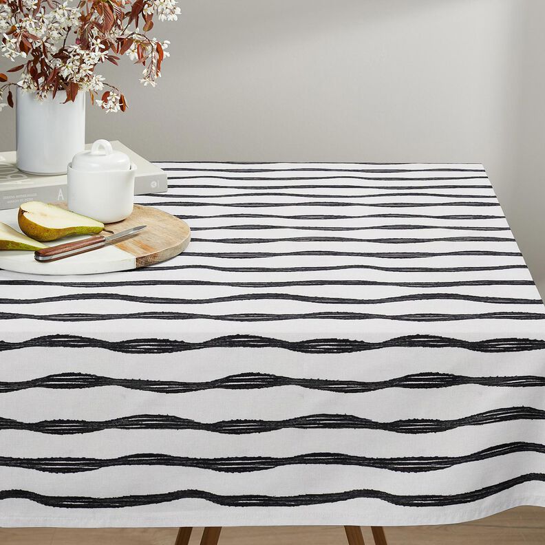 Tecido para decoração Meio linho Panamá Riscas onduladas – preto/marfim,  image number 7