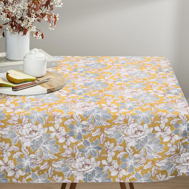 Tecido de algodão Cretone Flores grandes – mostarda/cinzento,  image number 7