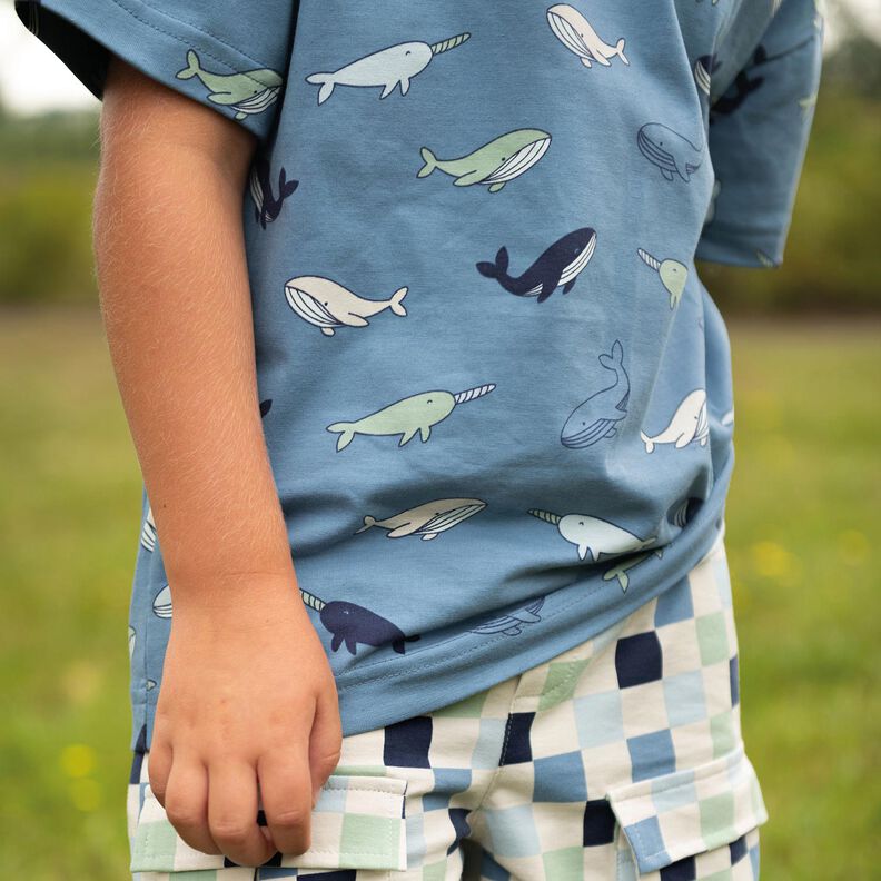 Jersey de algodão Baleias giras | Poppy Fabrics – cinza claro/azul-marinho,  image number 7