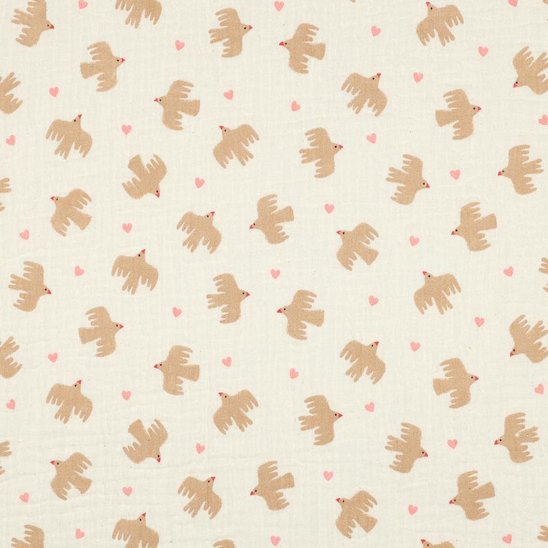 GOTS Musselina/ Tecido plissado duplo Pássaros e corações | Poppy Fabrics – branco sujo,  image number 1