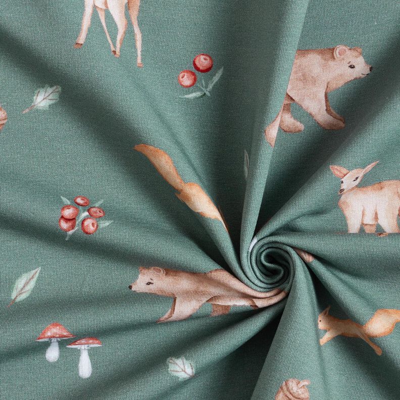 GOTS French Terry Sweat de verão Urso, veado, esquilo Impressão Digital – verde escuro,  image number 3