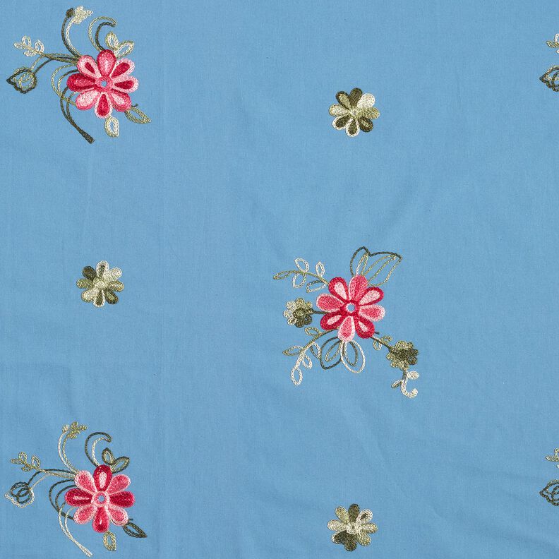 Popelina de algodão Bordado Ramos de flores – azul brilhante/baga,  image number 1