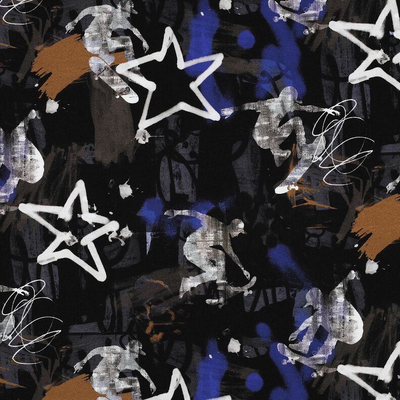 French Terry Sweat de verão Grafite de skate Impressão Digital | Poppy Fabrics – preto/índigo,  image number 1