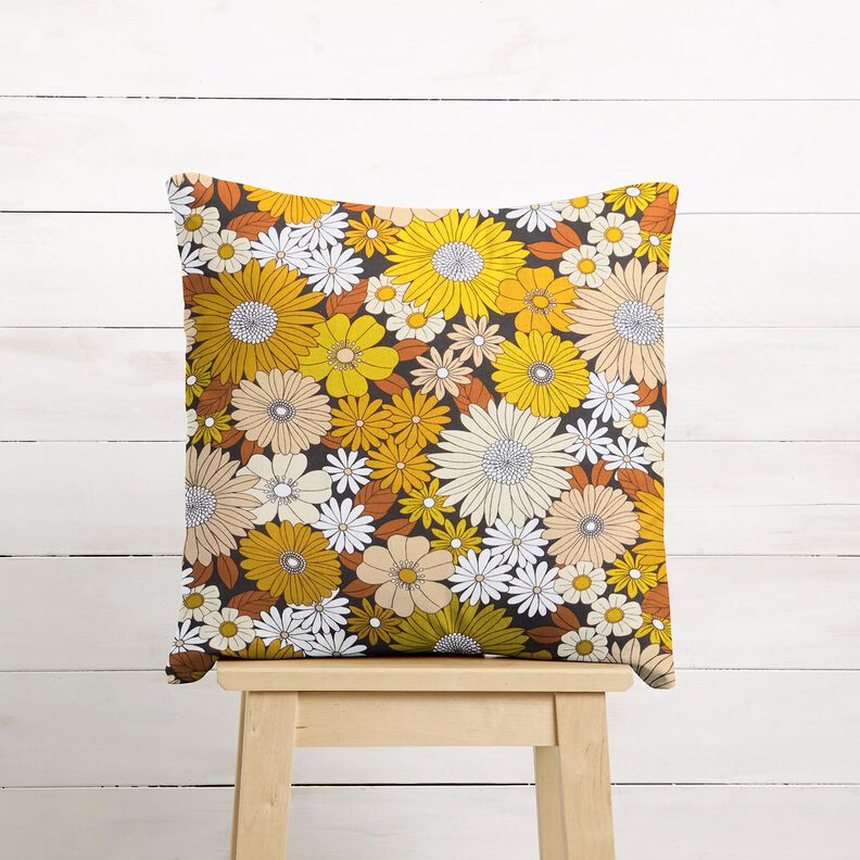 Tecido de algodão Cretone Grandes flores retro – preto/amarelo-sol,  image number 7