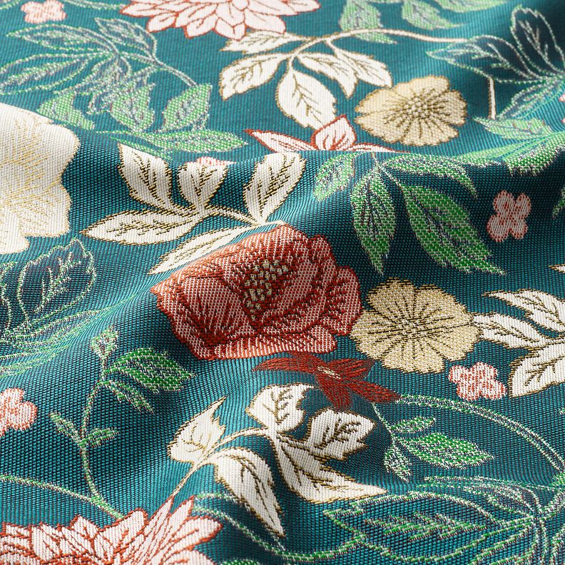 Tecido para decoração Jacquard Flores vintage – azul petróleo/vermelho escuro,  image number 2