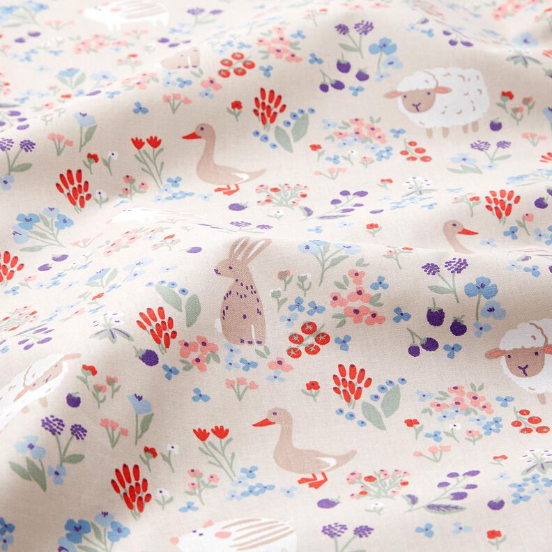 Popelina de algodão Animais no prado de flores – natural/vermelho-fogo,  image number 2
