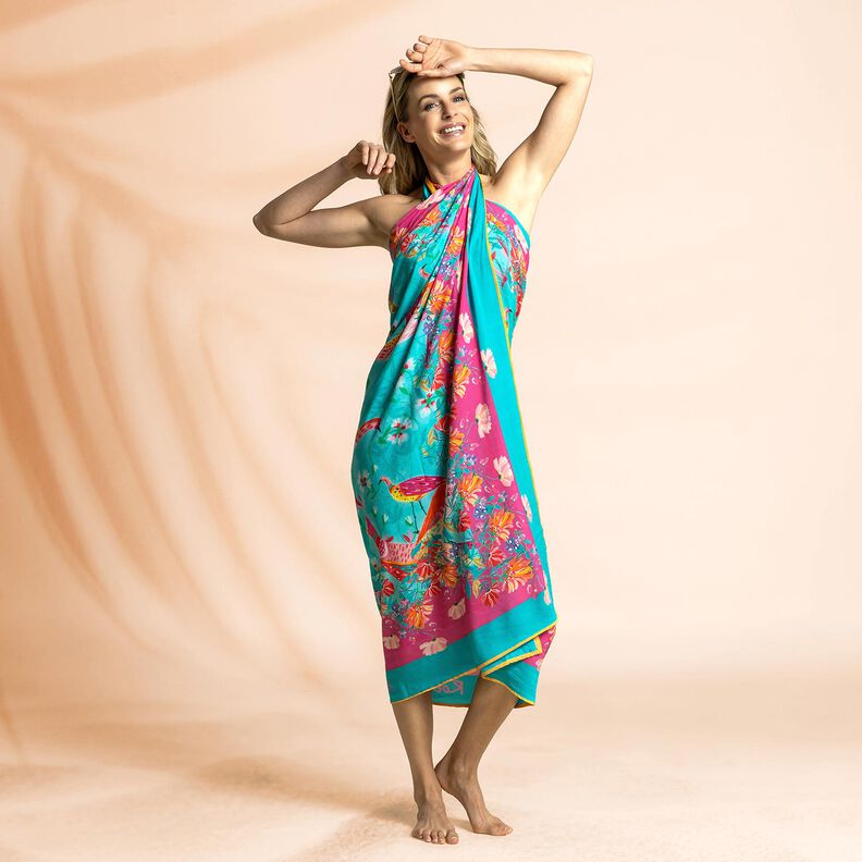 Moda de praia Pareo com painel Pavões e flores – azul marinho/rosa intenso,  image number 7