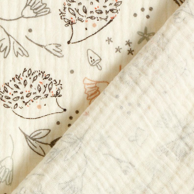 Musselina/ Tecido plissado duplo Ouriços e plantas florestais – branco sujo,  image number 4