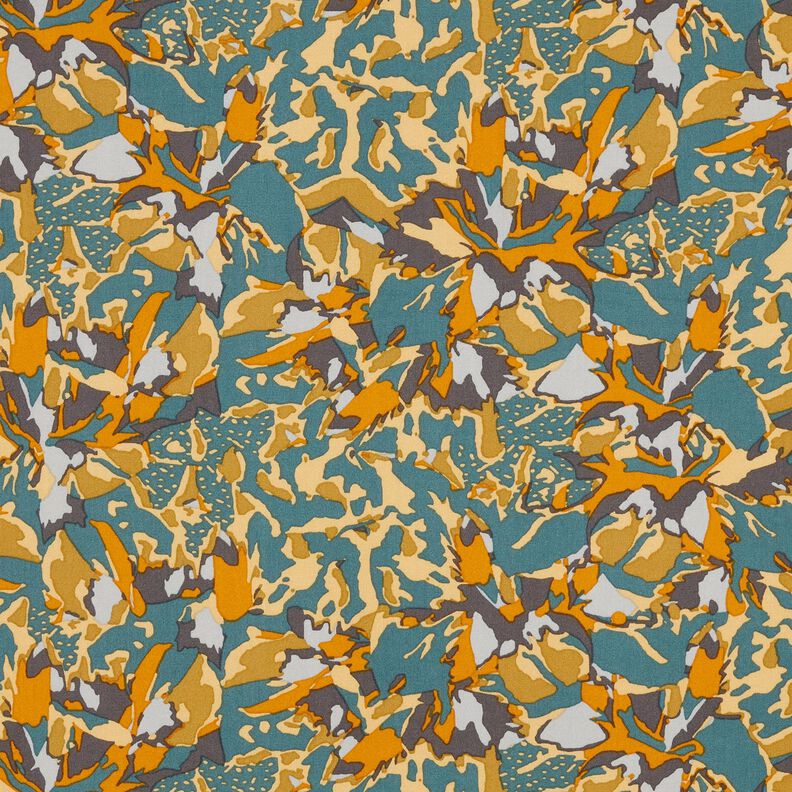 Tecido de viscose mar de flores abstrato – pinheiro azul/amarelo-caril | Retalho 60cm,  image number 1
