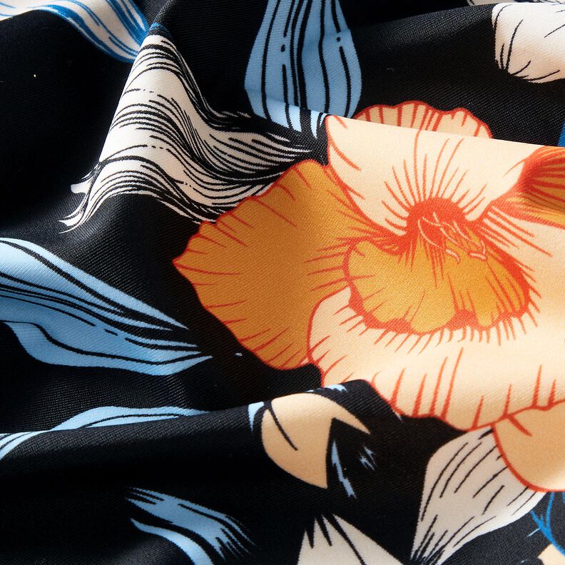 Tecido para fatos de banho Grandes flores de hibisco – preto azulado/damasco,  image number 2