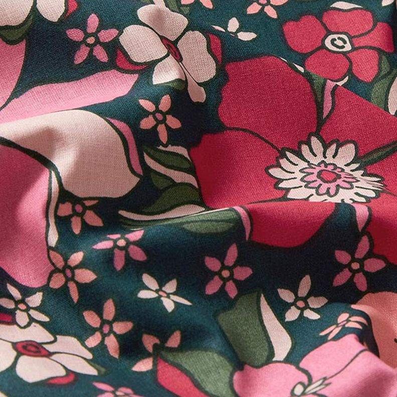 Tecido de algodão Cretone Flores retro – azul petróleo/rosa,  image number 2