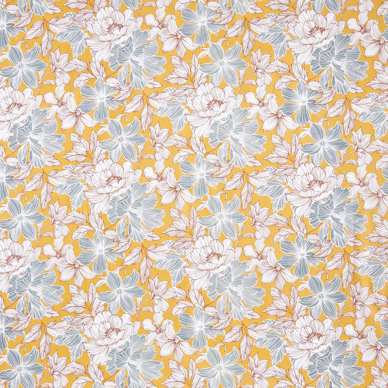 Tecido de algodão Cretone Flores grandes – mostarda/cinzento,  image number 1