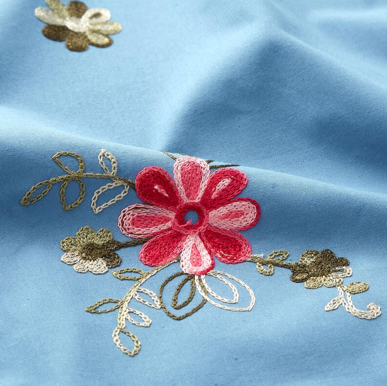 Popelina de algodão Bordado Ramos de flores – azul brilhante/baga,  image number 2