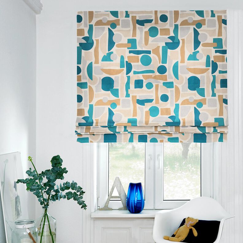 Tecido para decoração Meio linho Panamá Formas abstratas – natural/azul petróleo,  image number 6