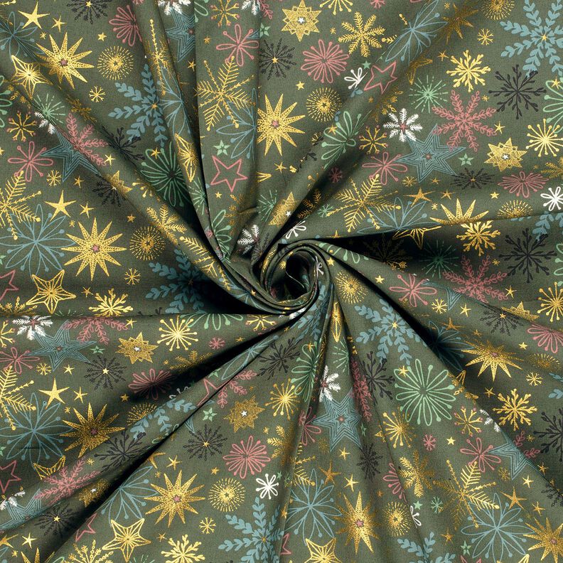 Tecido de algodão Popelina Mistura de estrelas – pinheiro escuro/dourado,  image number 3