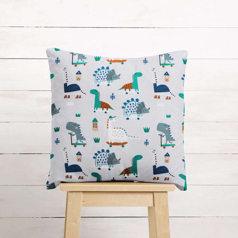 Tecido para decoração Meio linho Panamá Dinossauros de skate – cinzento-prateado/hortelã-pimenta,  image number 7