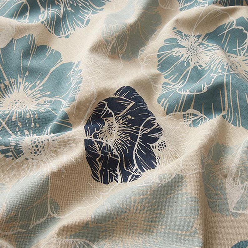 Tecido para decoração Meio linho Panamá Flores imponentes – azul-marinho/natural,  image number 2