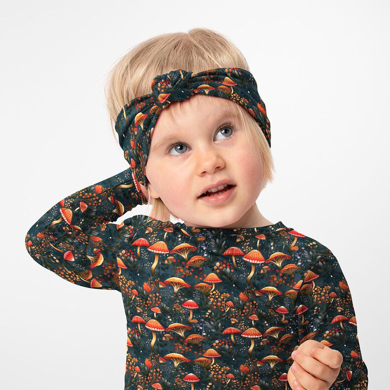 French Terry Sweat de verão Floresta mágica de cogumelos Impressão Digital – verde escuro,  image number 5