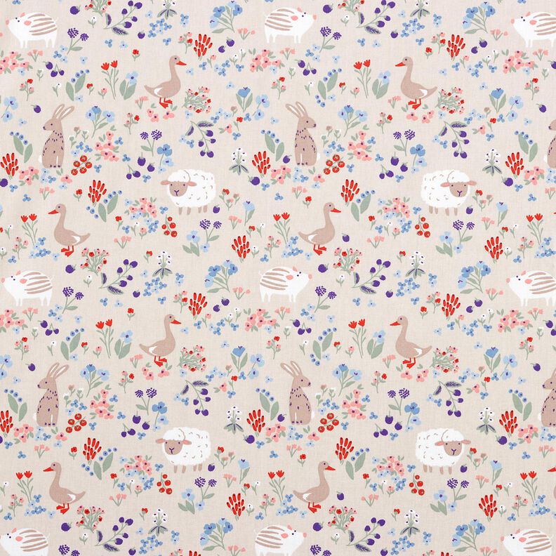 Popelina de algodão Animais no prado de flores – natural/vermelho-fogo,  image number 1
