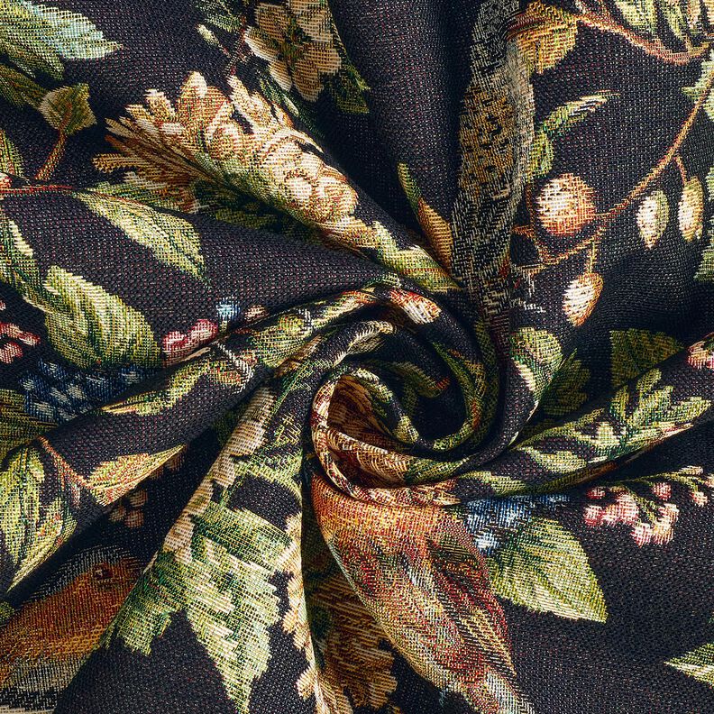 Tecido para decoração Gobelina flores e pássaros – preto/verde,  image number 3