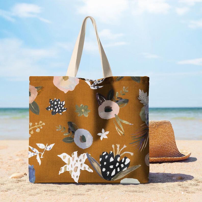 Tecido para decora&ccedil;&atilde;o Meio linho Panam&aacute; Grandes flores retro &ndash; cor de caramelo/caqui-claro,  image number 8