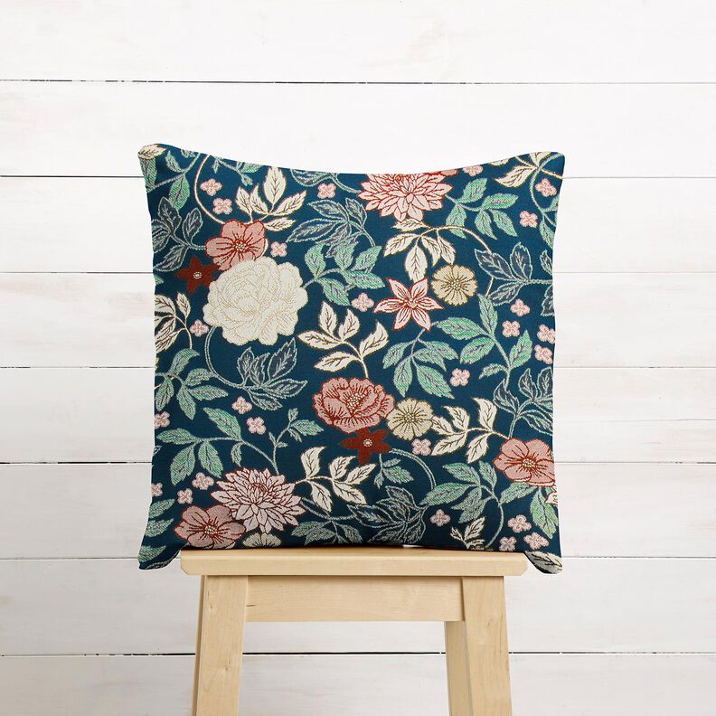 Tecido para decoração Jacquard Flores vintage – azul petróleo/vermelho escuro,  image number 6