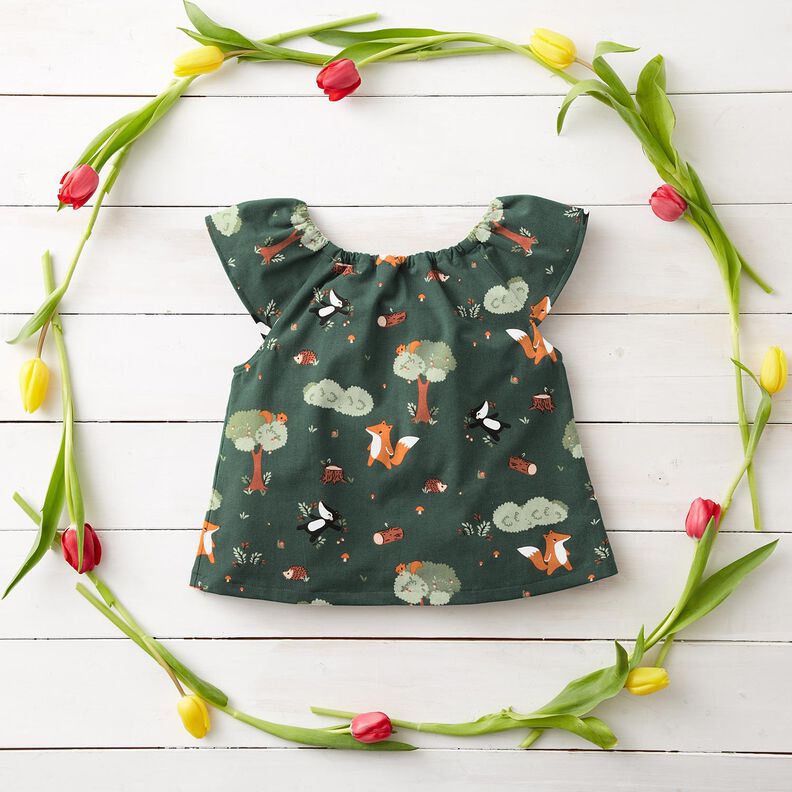 Popelina de algodão Animais da floresta felizes – verde escuro/laranja-pêssego,  image number 6