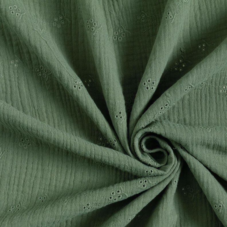 Musselina/ Tecido plissado duplo Bordado inglês Gavinhas florais – verde escuro,  image number 3