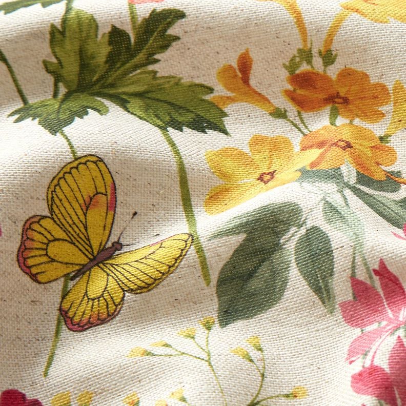 Tecido para decoração Meio linho Panamá Flores dos prados – natural/framboesa,  image number 6